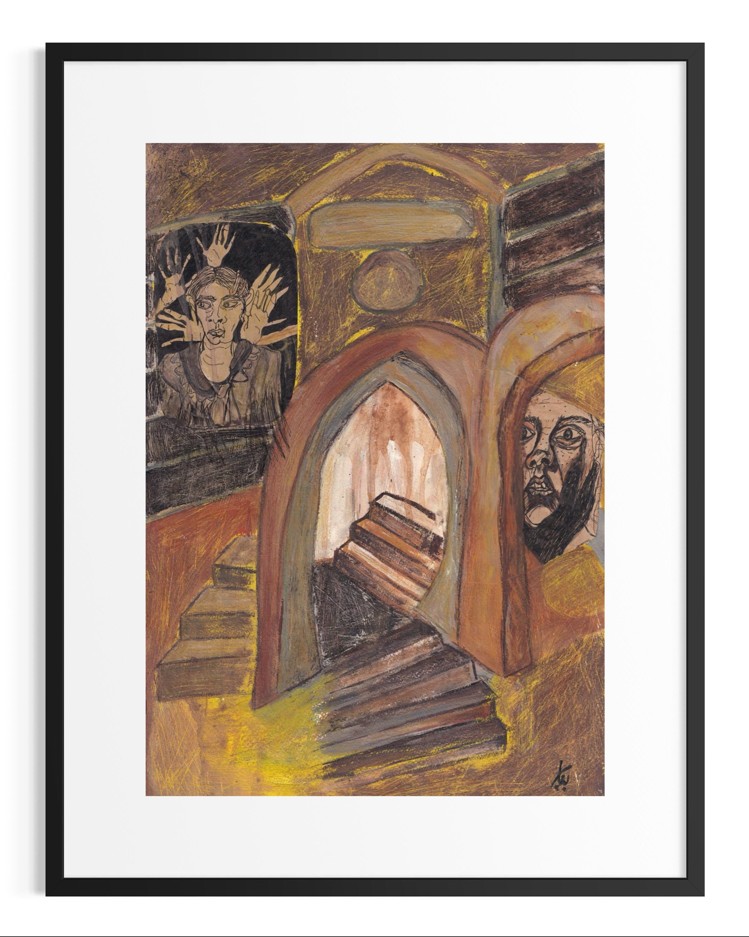 Artistic depiction of a religious scene with arches and figures, framed in black.